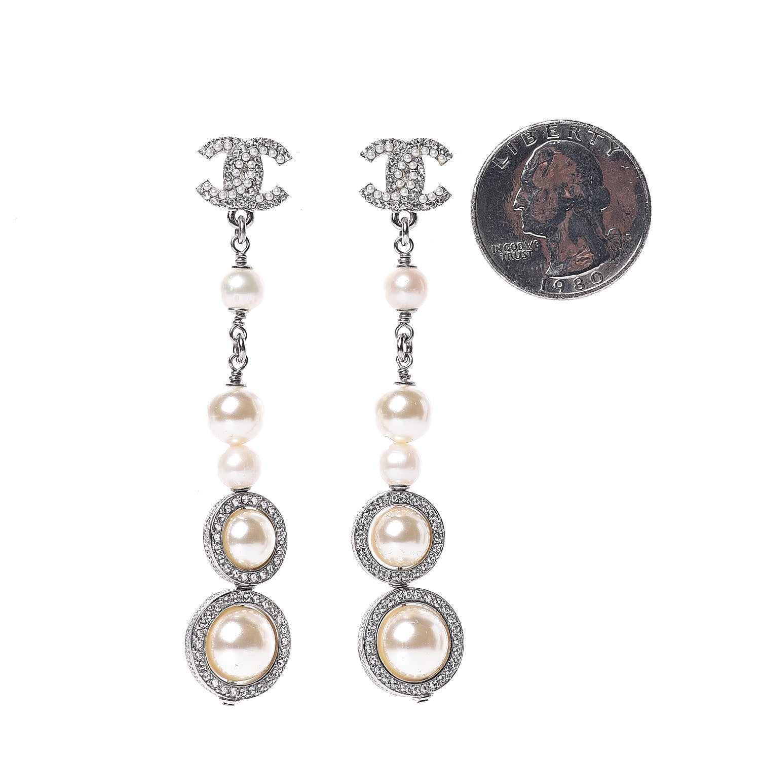 Chanel Crystal Pearl CC Drop Earring Silver 2 of 5