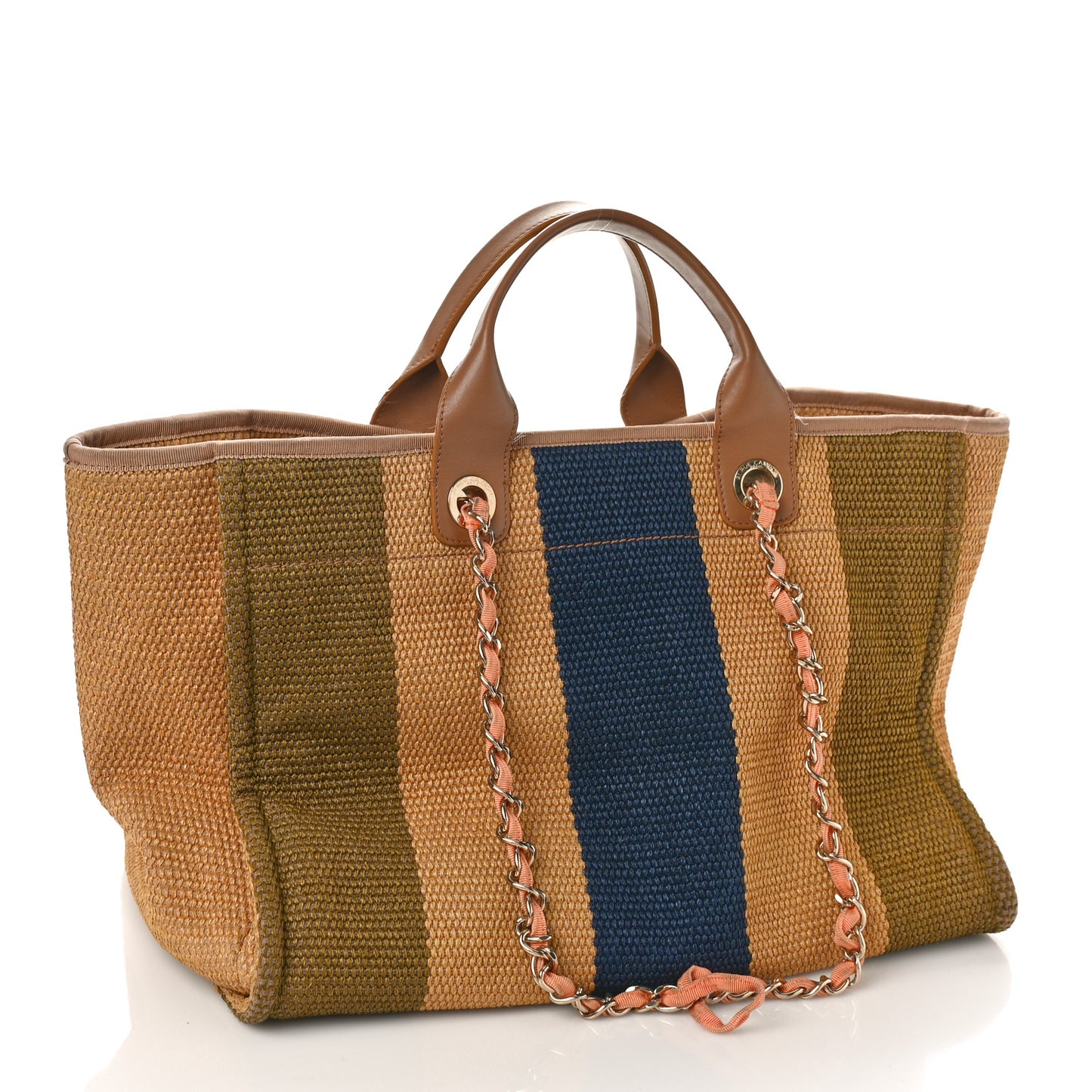 Straw Raffia Calfskin Striped Medium Deauville Tote Khaki Beige Navy Blue
