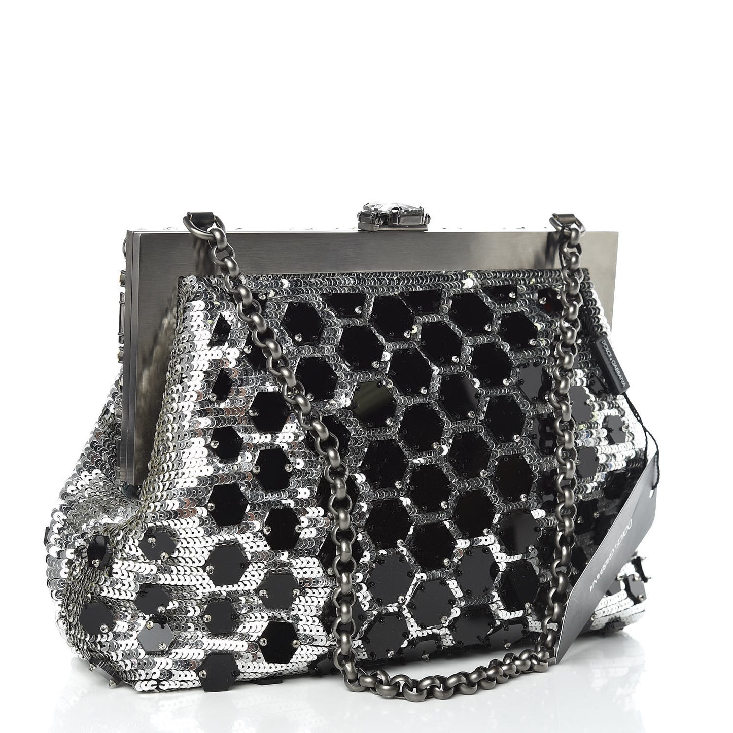 Satin Sequin Crystal Embellished Vanda Circles Chain Clutch Black