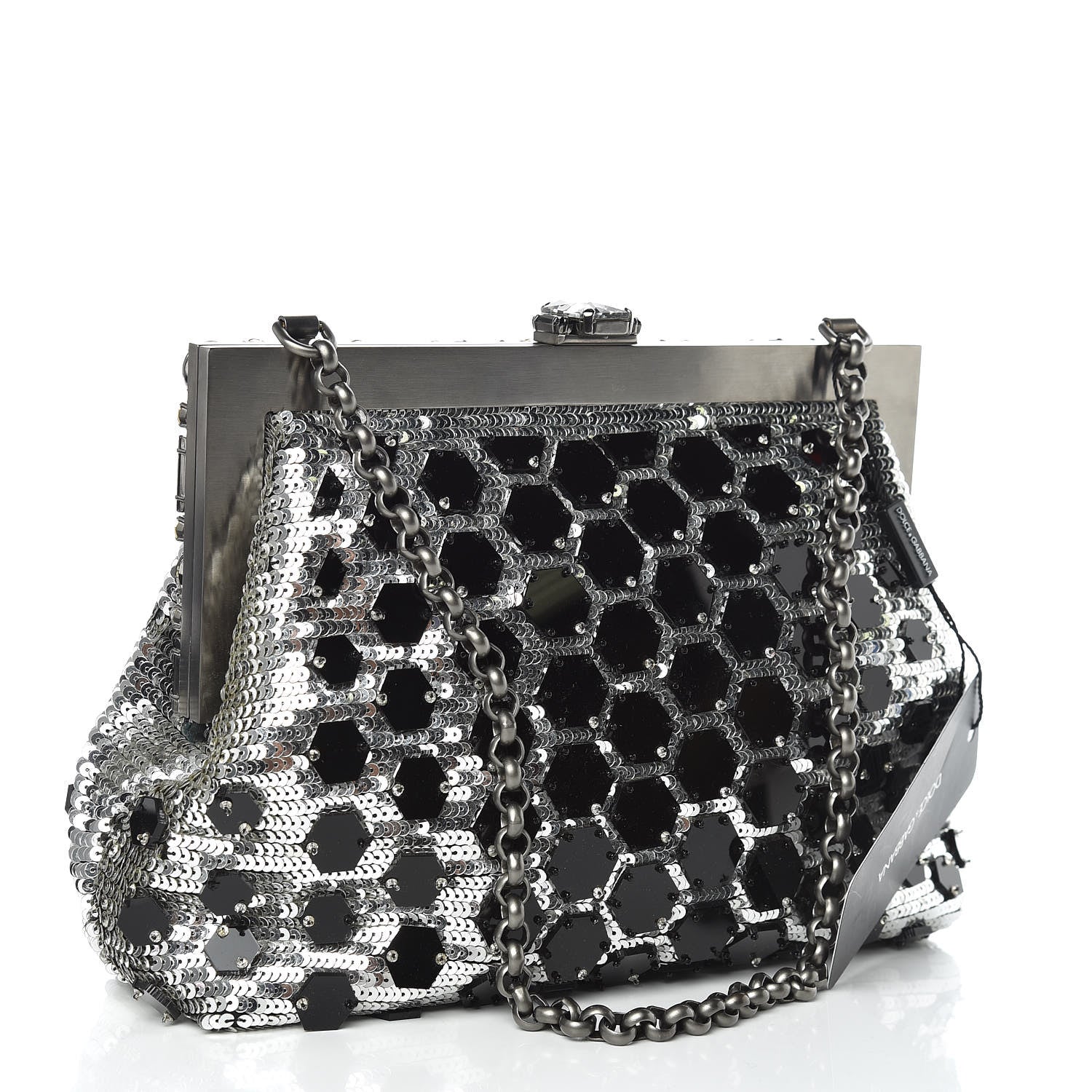 Dolce & Gabbana Satin Sequin Crystal Embellished Vanda Circles Chain Clutch Black 3 of 9