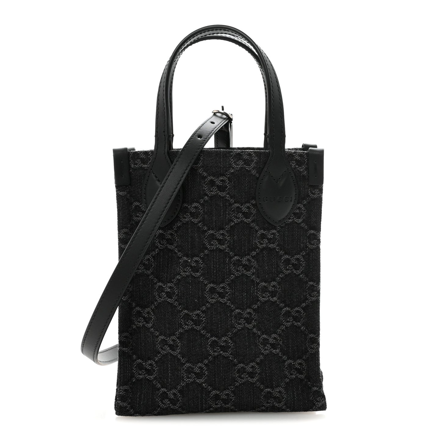 Denim Cuoio Harness GG Monogram Mini Ophidia Tote Bag  Black Medium Grey