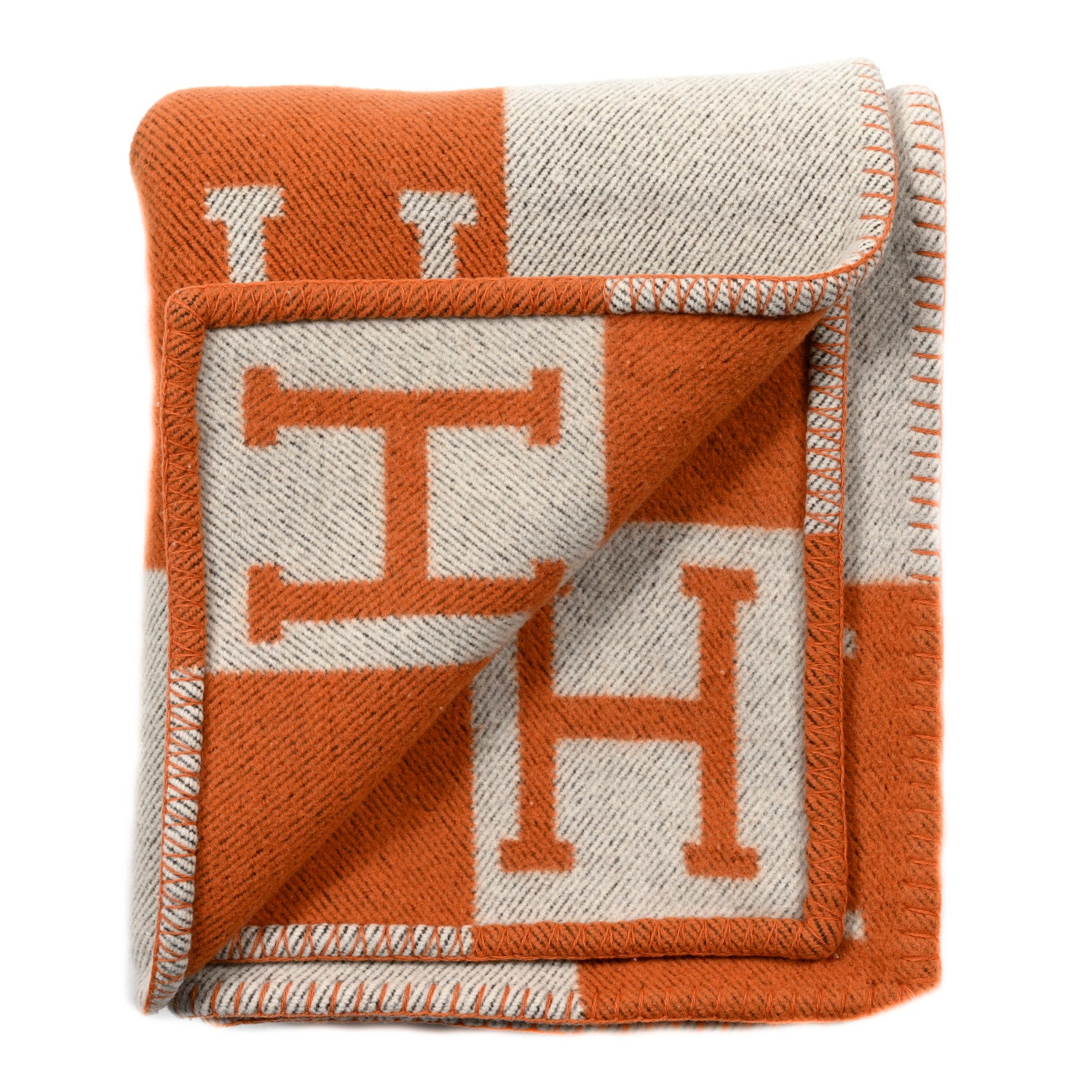 Hermes Wool Cashmere Signature Classic Avalon Blanket Ecru Potiron 2 of 3