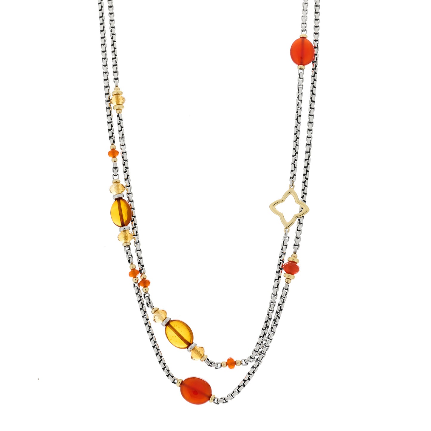 Sterling Silver 18K Yellow Gold Amber Citrine Carnelian Quatrefoil Necklace