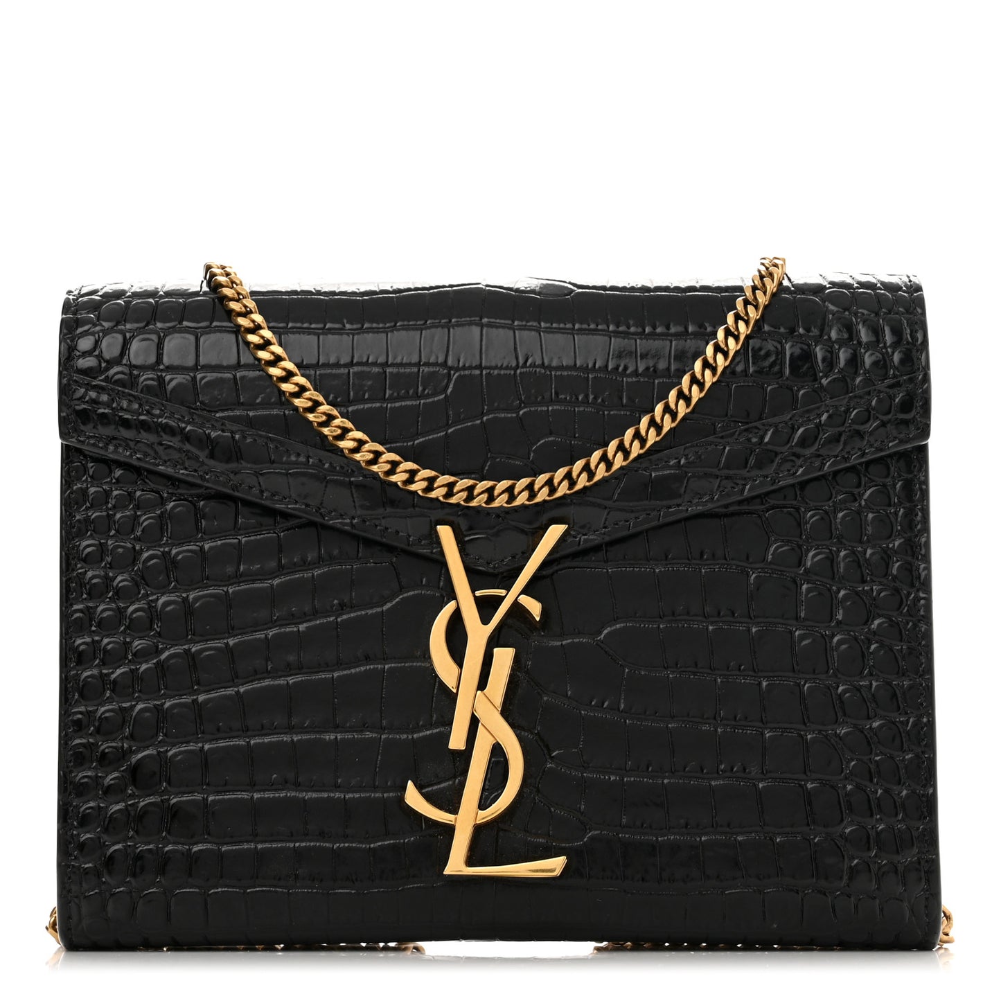 Calfskin Crocodile Embossed Monogram Cassandra Chain Wallet Black