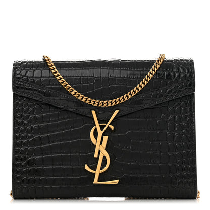 Saint Laurent Calfskin Crocodile Embossed Monogram Cassandra Chain Wallet Black 1 of 10