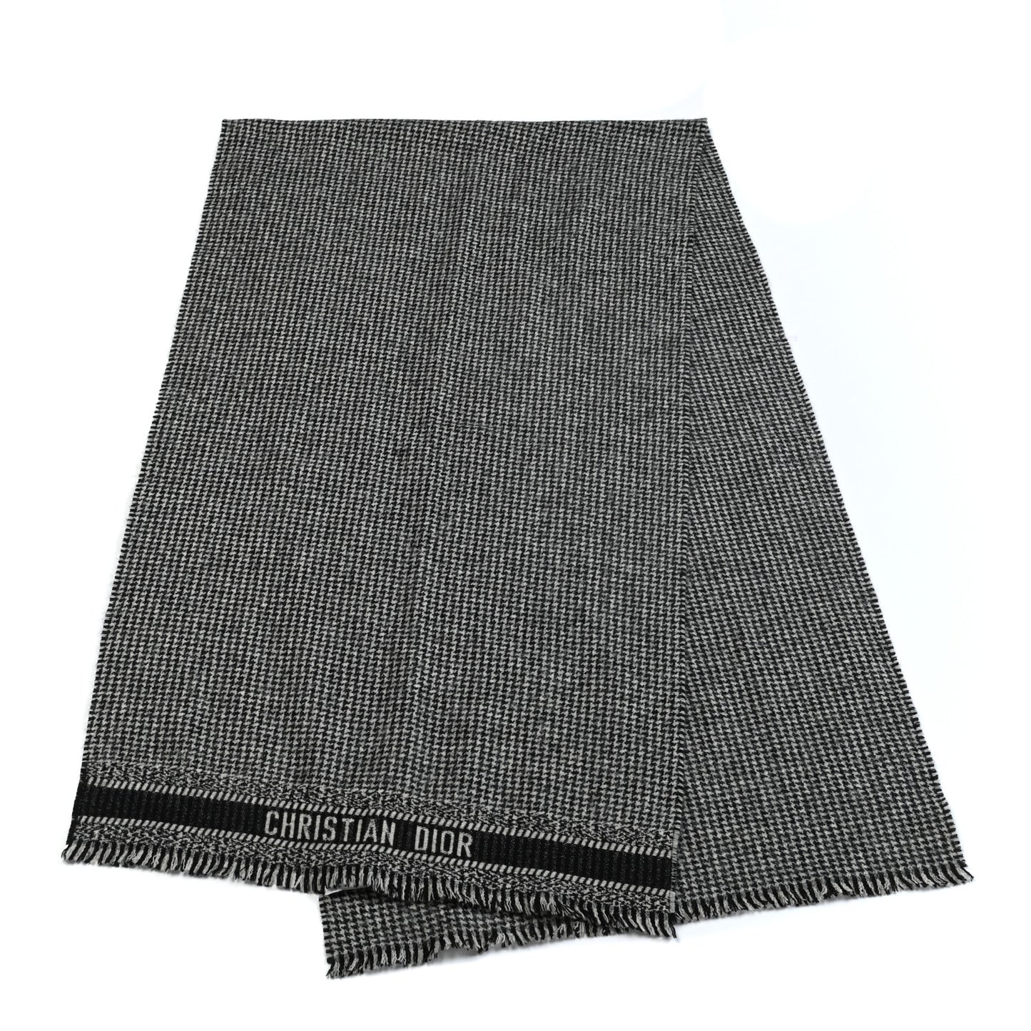 Wool Silk Houndstooth Fringe Scarf Beige Black