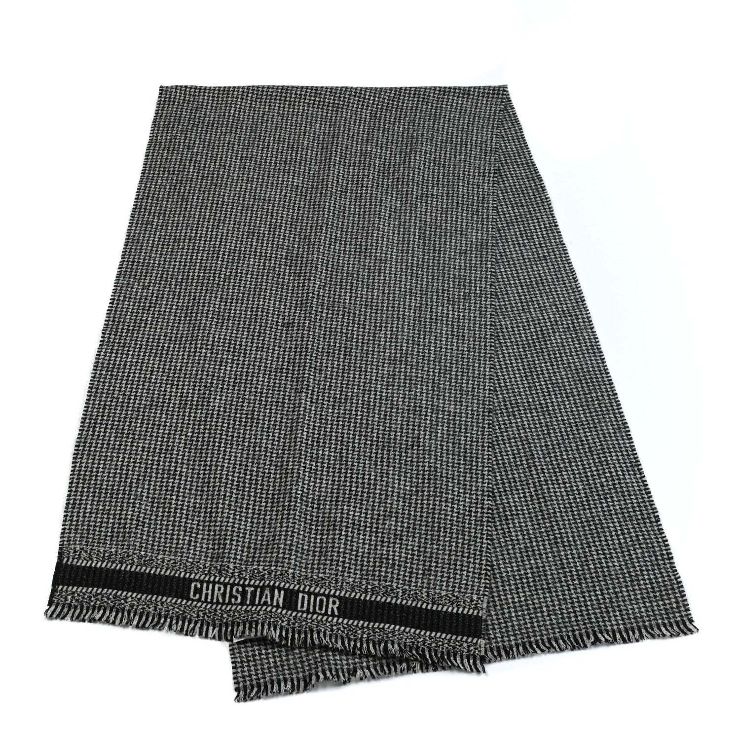Christian Dior Wool Silk Houndstooth Fringe Scarf Beige Black 3 of 3