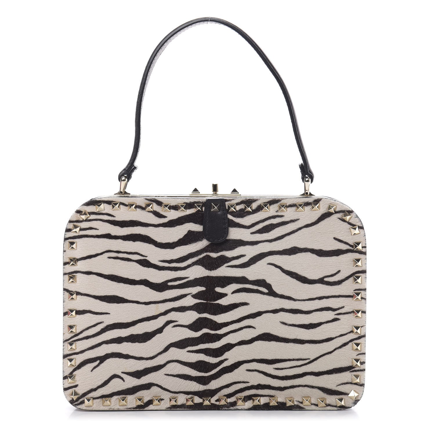 Valentino Garavani Pony Hair Zebra Rockstud Frame Bag Black Ivory 1 of 13