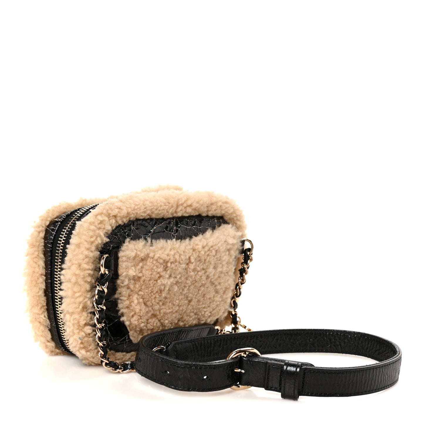 Shiny Crumpled Sheepskin Shearling Waist Bag Black Beige