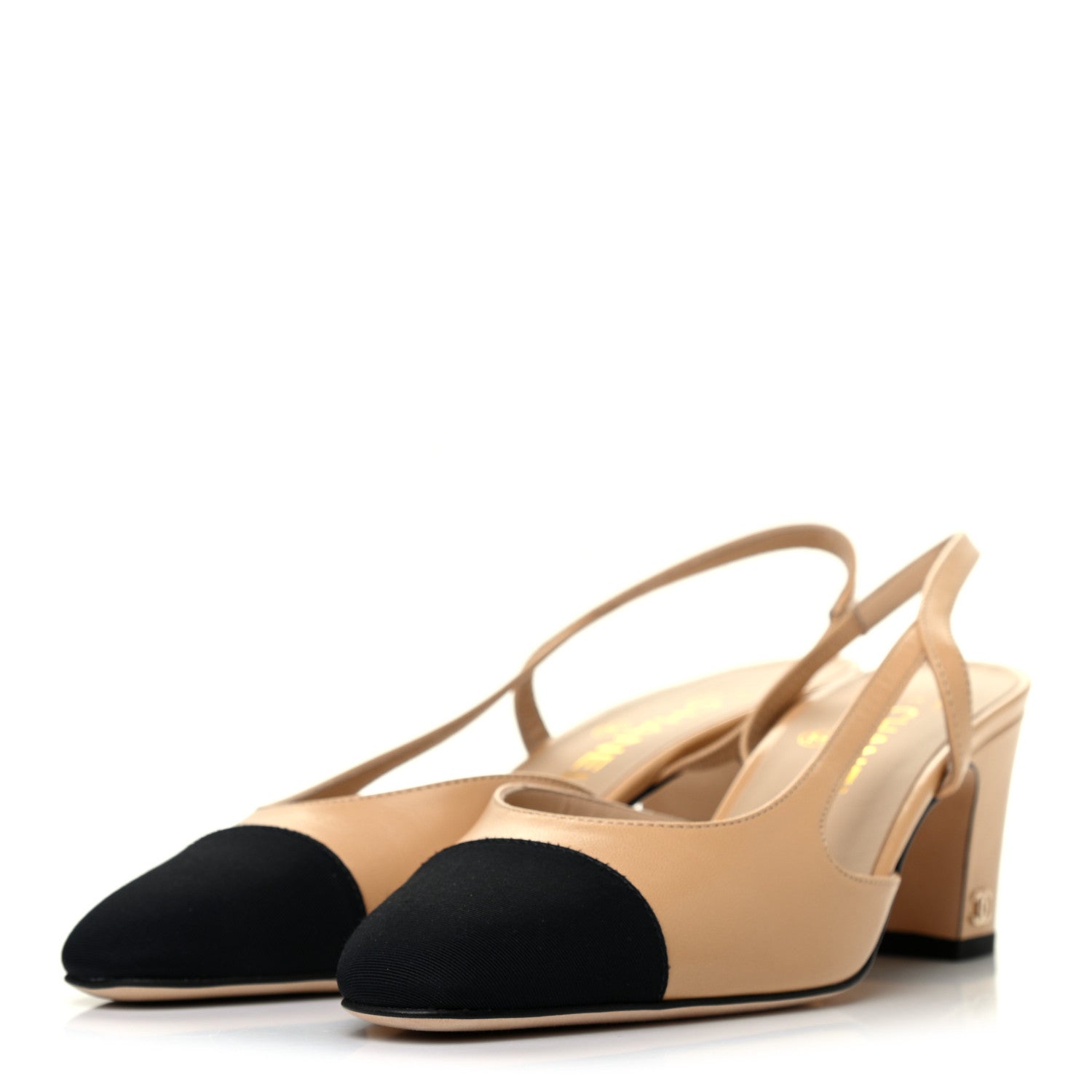 Chanel Goatskin Grosgrain Cap Toe CC Slingback Pumps 38 Beige Black 3 of 8