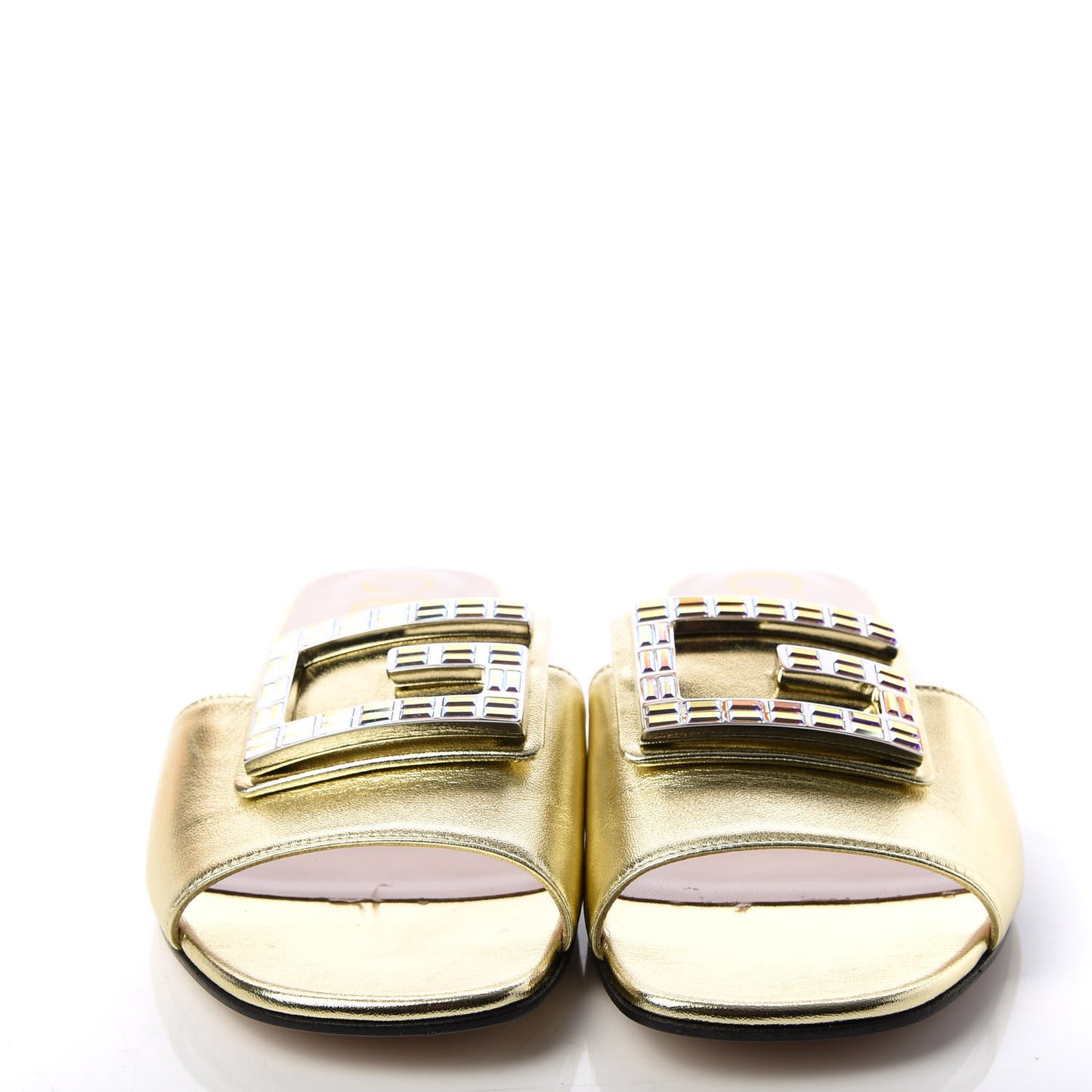 Metallic Nappa Crystal Square G Madelyn Slide Sandals 39.5 Gold