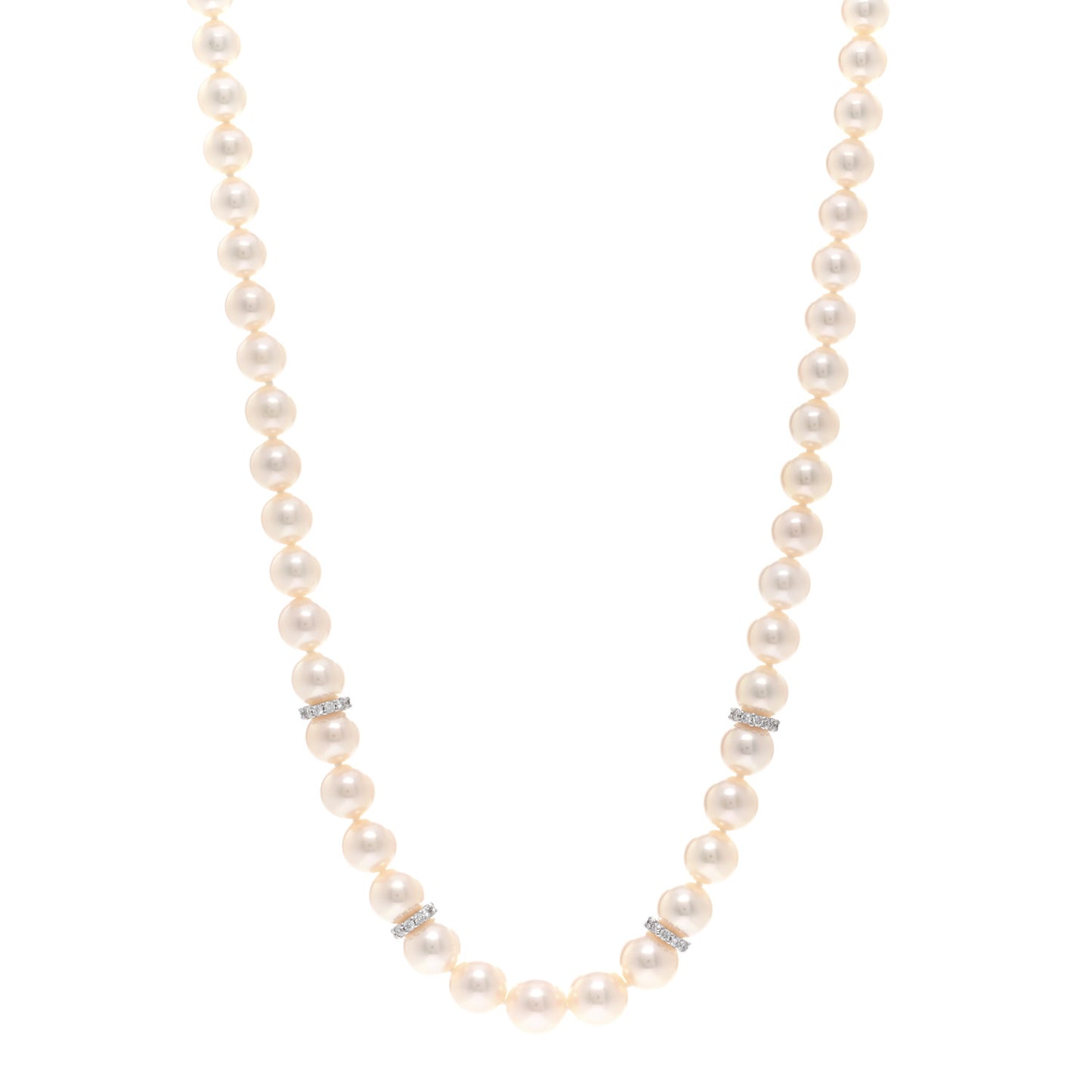 18K White Gold Diamond Akoya Pearl 7-9mm Graduated Strand Rondelle Necklace