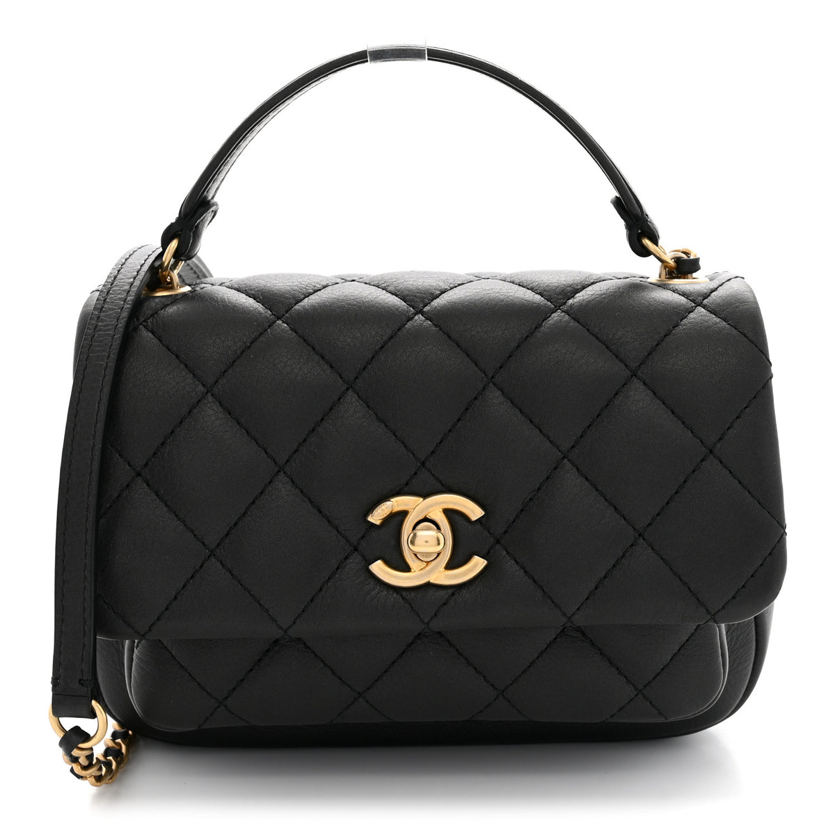 Calfskin Quilted Top Handle Flap Black