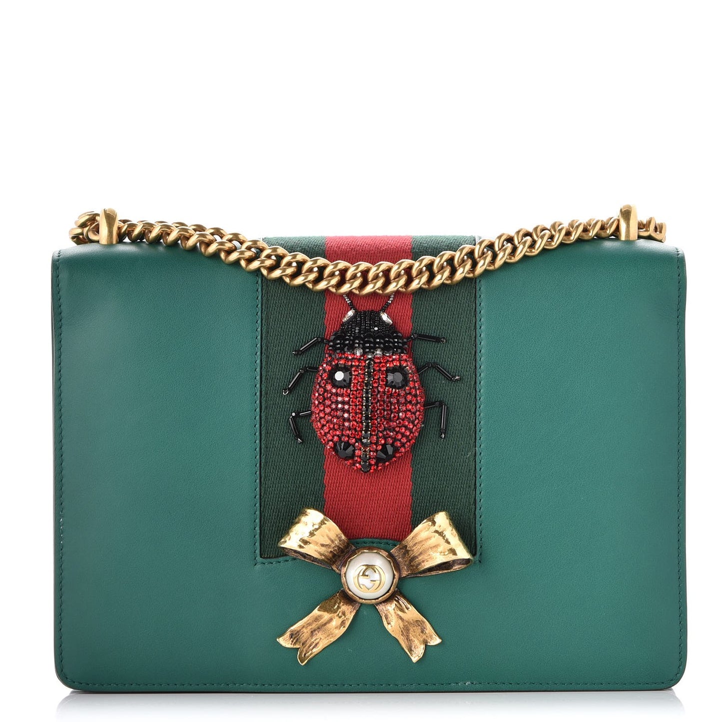 Calfskin Peony Medium Chain Shoulder Bag Bottle Green