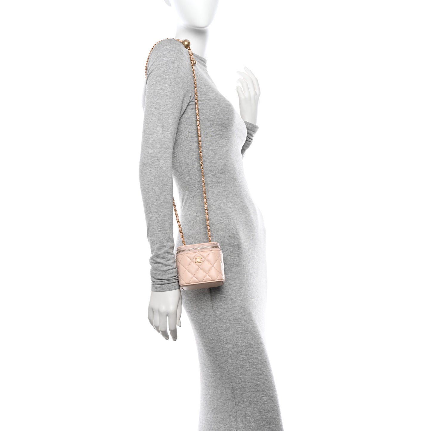 Lambskin Quilted Pearl Crush Mini Vanity Case With Chain Light Beige