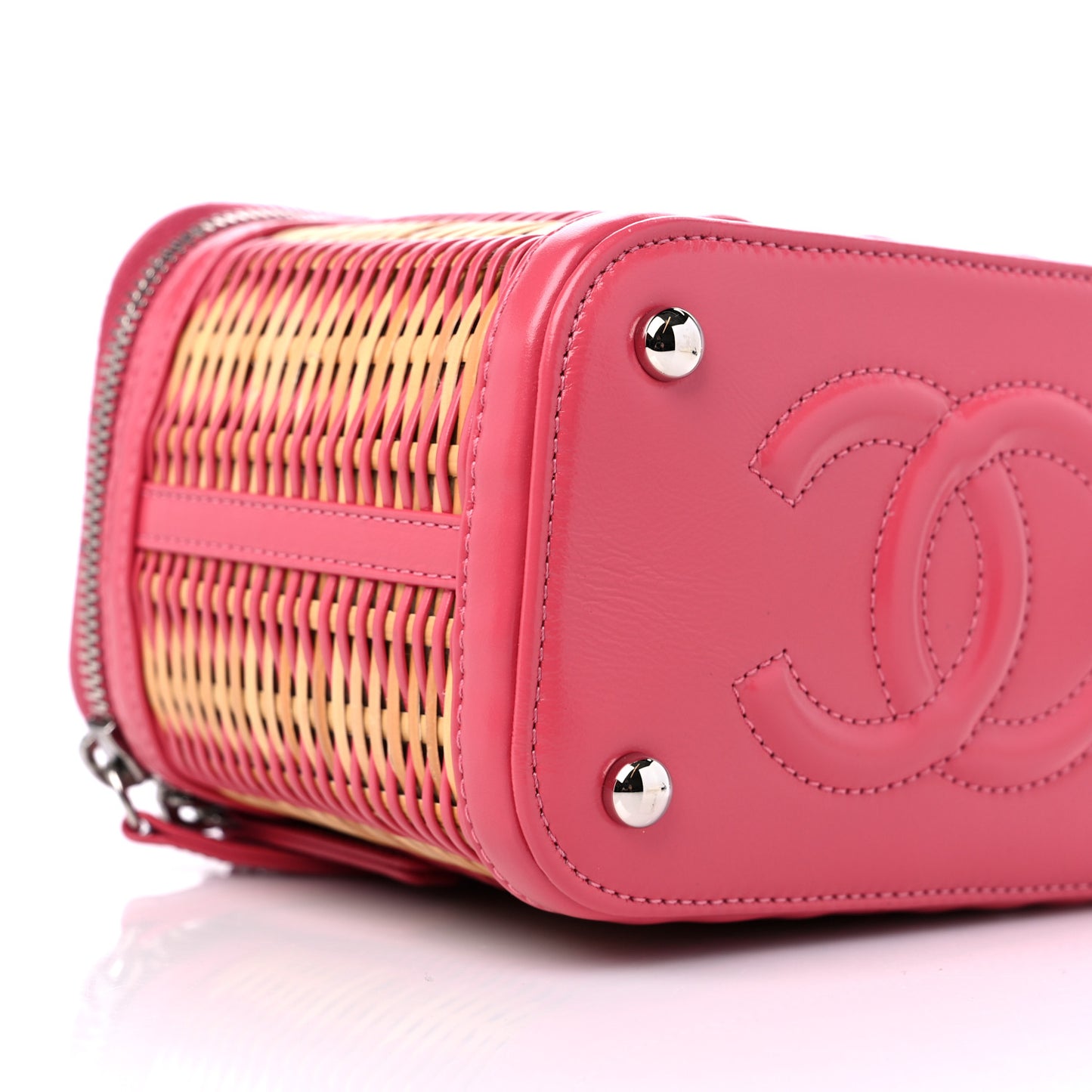 Calfskin Raffia Small Take Away Vanity Case Bag Pink Beige