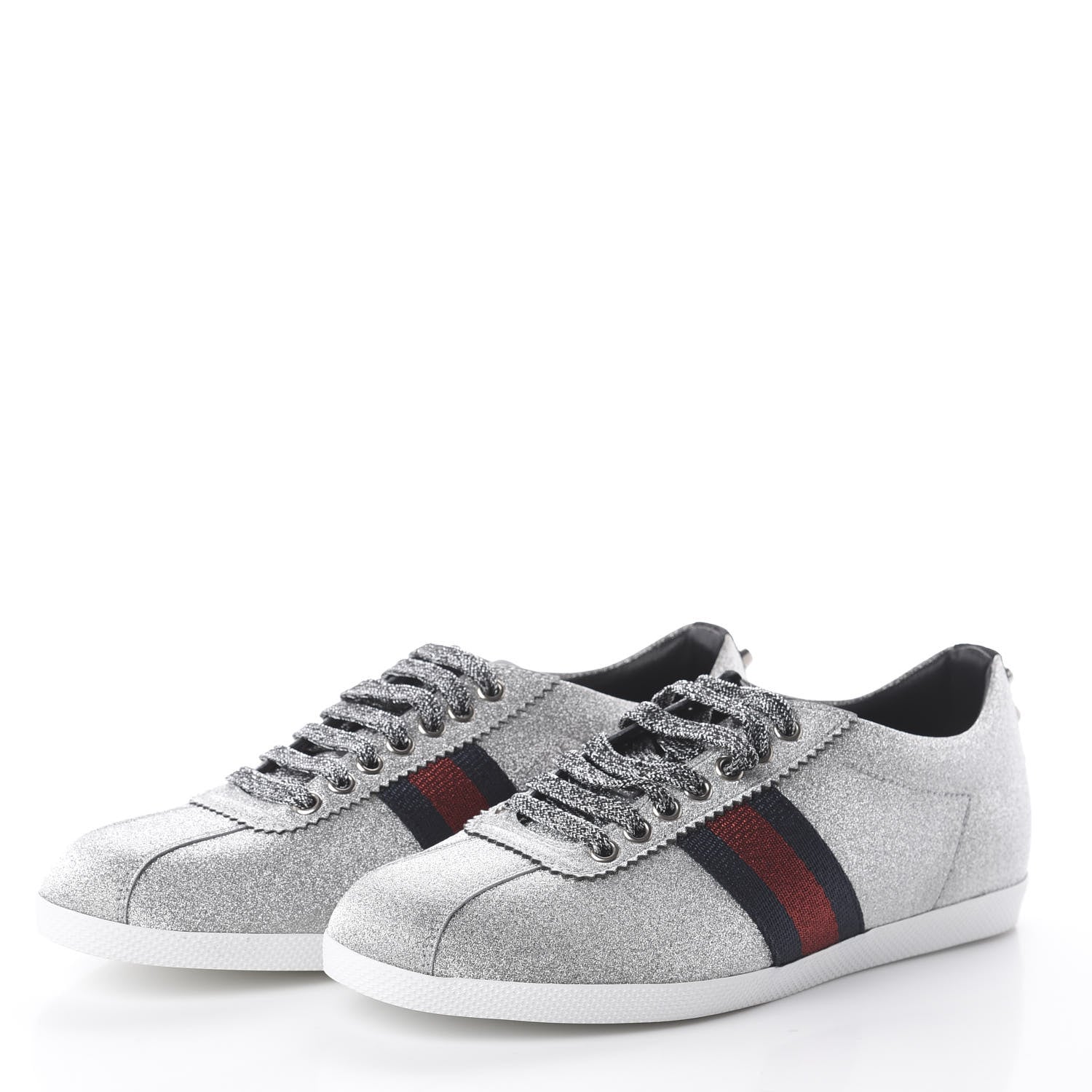 Gucci Glitter Fabric Studded Web Sneakers 39 Silver 2 of 7