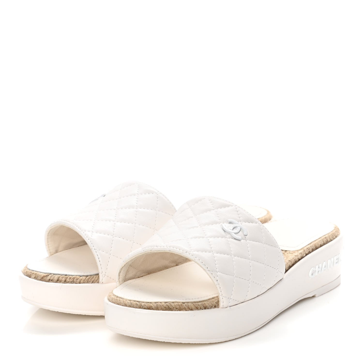 Chanel Lambskin Quilted CC Espadrille Slip On Sandals 39 White 3 of 13