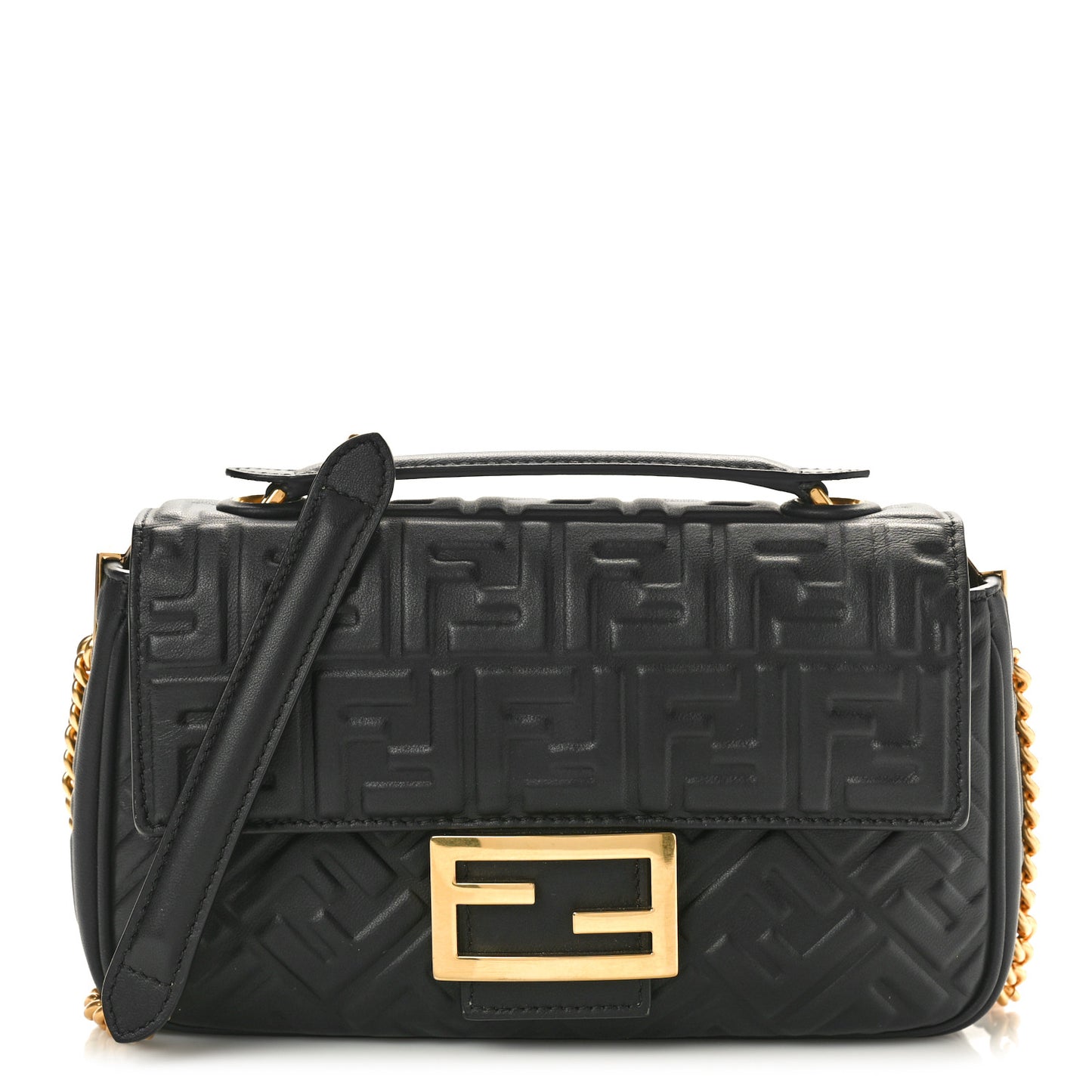 Nappa Small FF Embossed Mid Chain Baguette Black