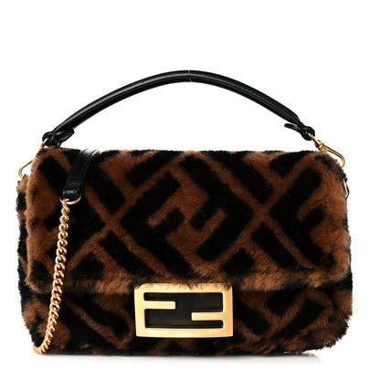 Fendi Shearling Vitello Dolce Macro FF 1974 Mini Baguette Tobacco Black 1 of 9