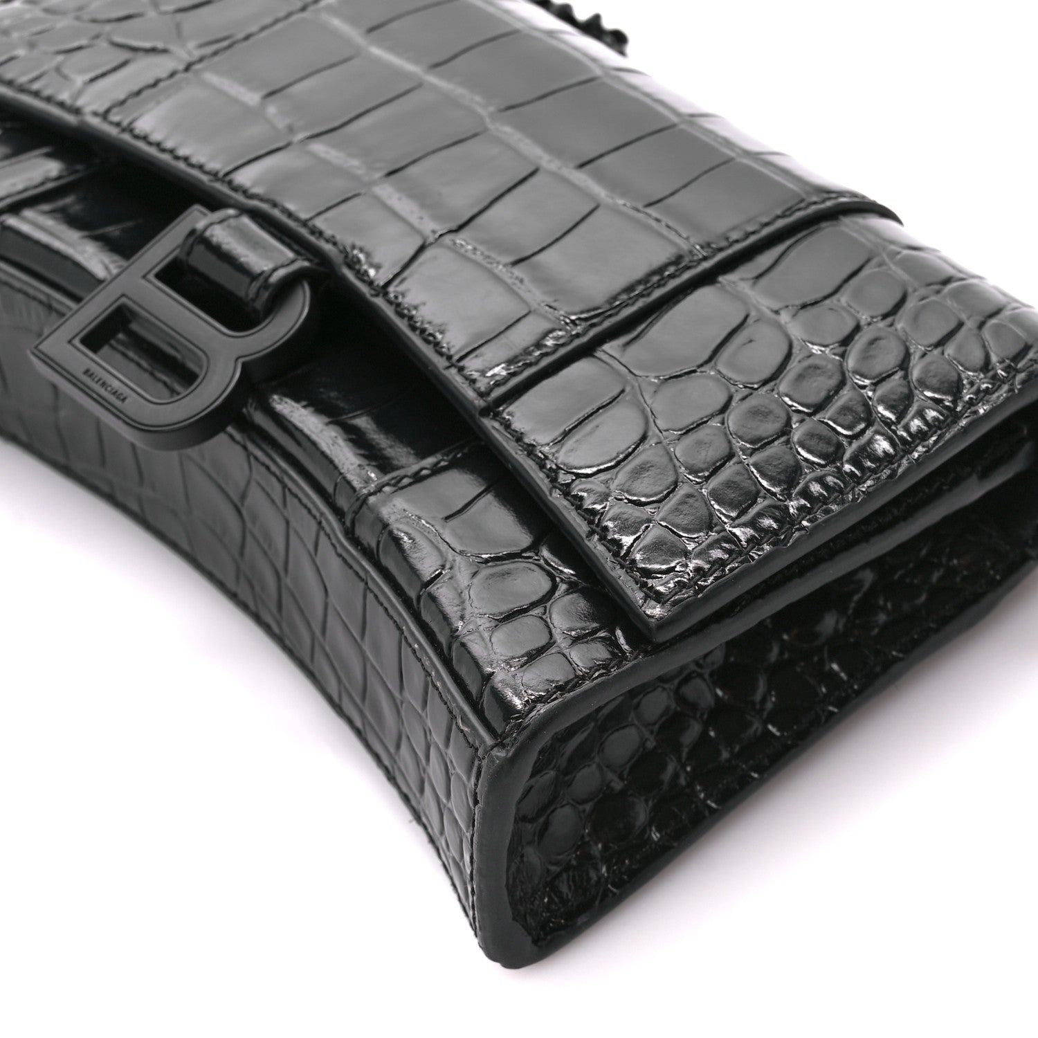 Balenciaga Shiny Calfskin Monochrome Crocodile Embossed Hourglass Chain Bag Black 10 of 11