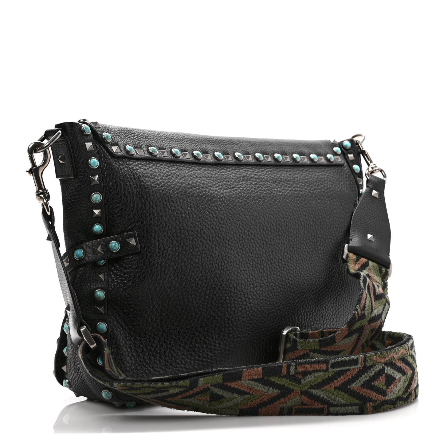Pebbled Calfskin Rockstud Rolling Flap Messenger Bag Black