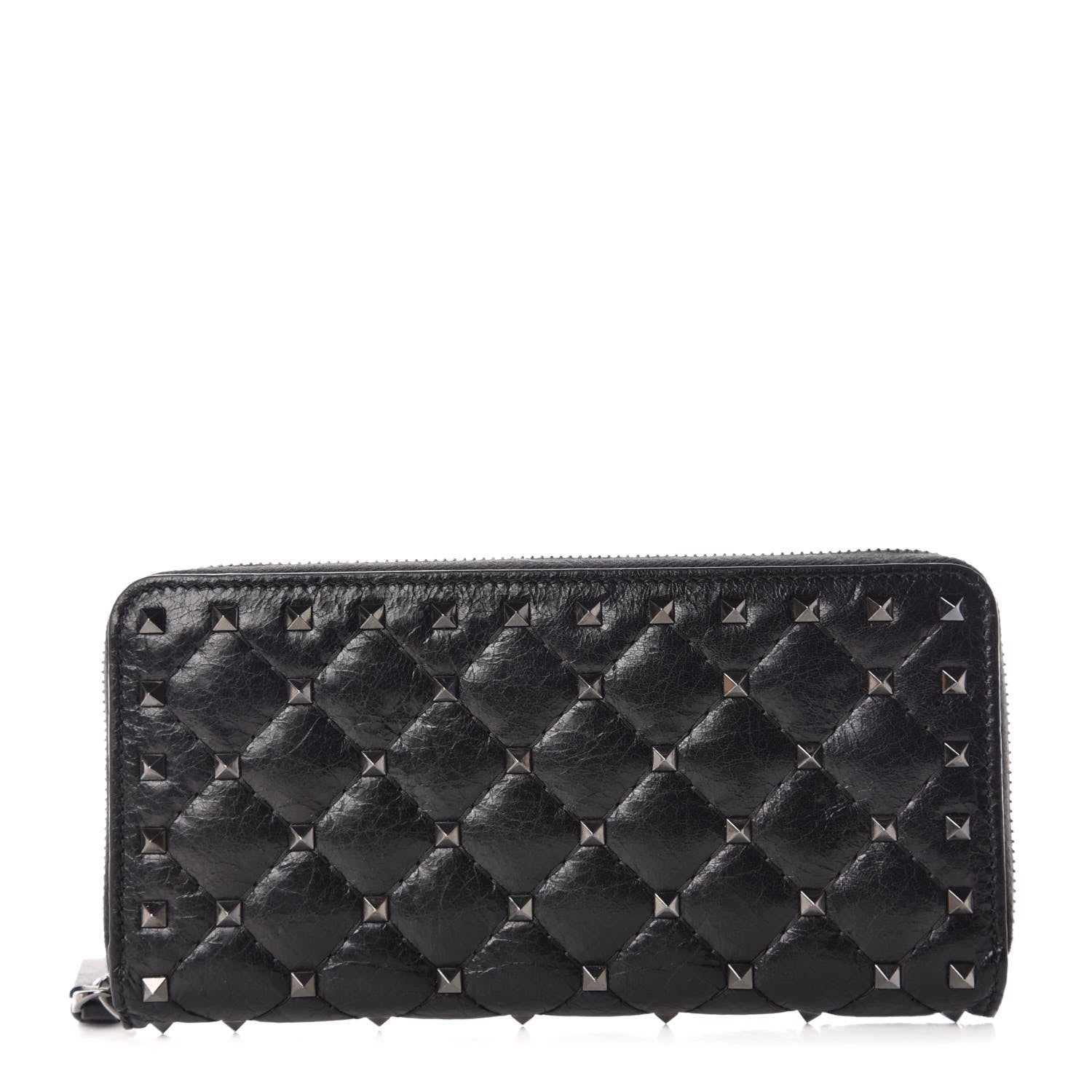 Valentino Garavani Craquele Nappa Rockstud Spike Zip Around Wallet Black 1 of 10