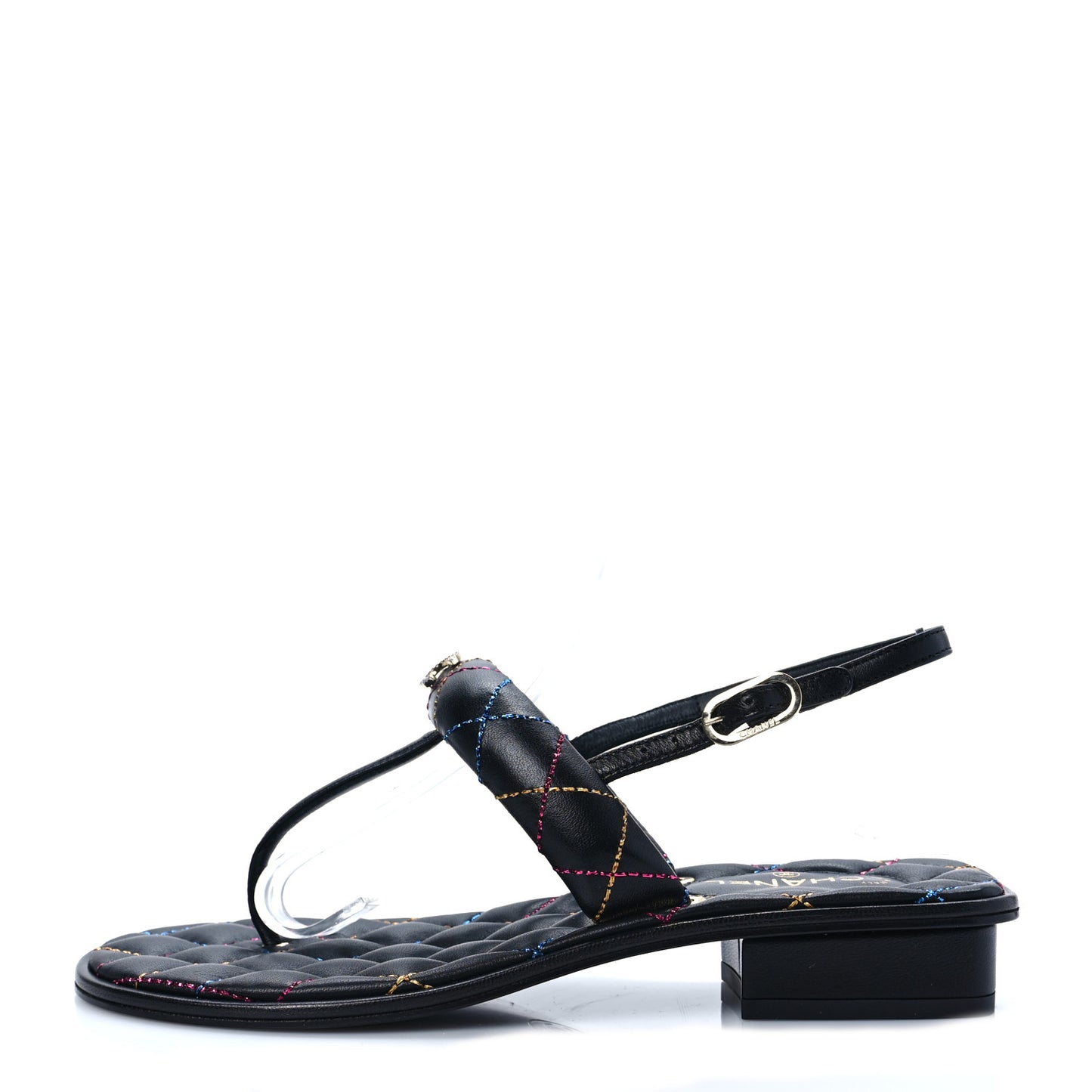 Lambskin Crystal Rainbow Stitched CC Thong Sandals 35.5 Black
