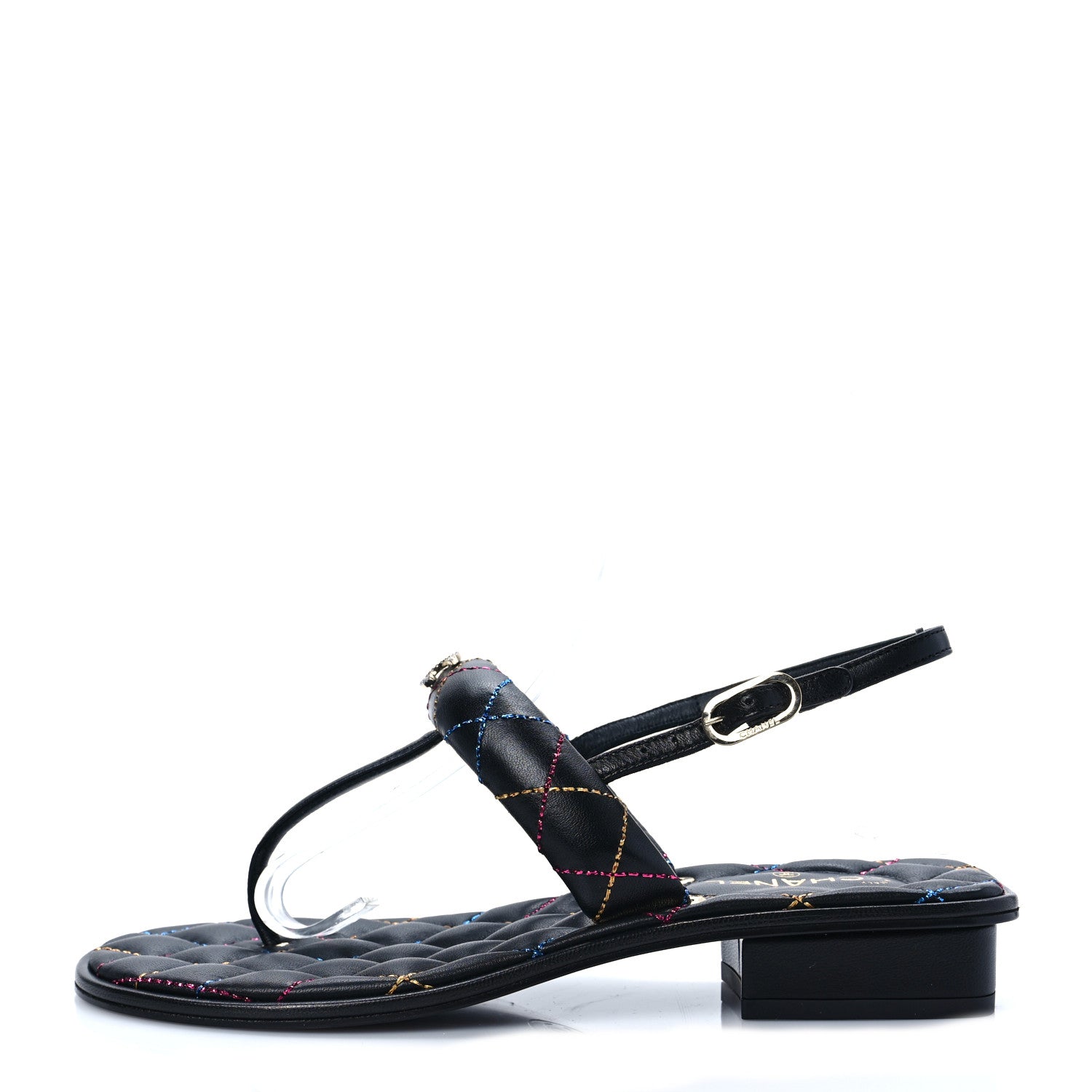 Chanel Lambskin Crystal Rainbow Stitched CC Thong Sandals 35.5 Black 1 of 7