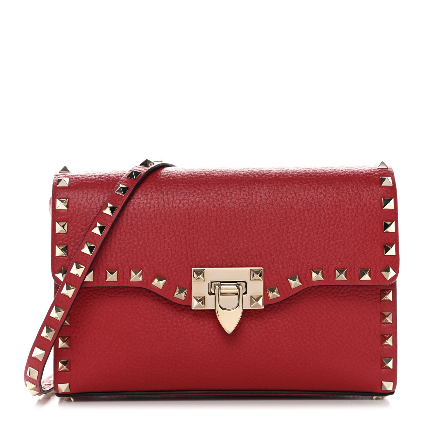 Pebbled Calfskin Medium Rockstud Flip Lock Crossbody Bag Red