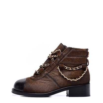Chanel Calfskin Pony Hair CC Charm Chain Cap Toe Short Boots 37 Brown Black 1 of 8