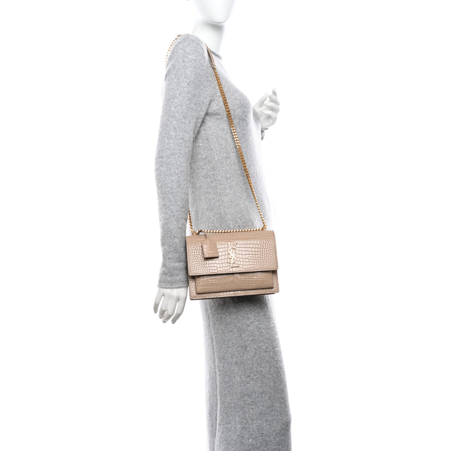 Saint Laurent Calfskin Crocodile Embossed Medium Monogram Sunset Dark Beige 2 of 10