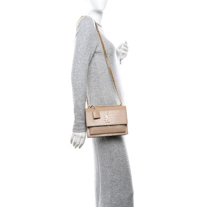 Saint Laurent Calfskin Crocodile Embossed Medium Monogram Sunset Dark Beige 2 of 10