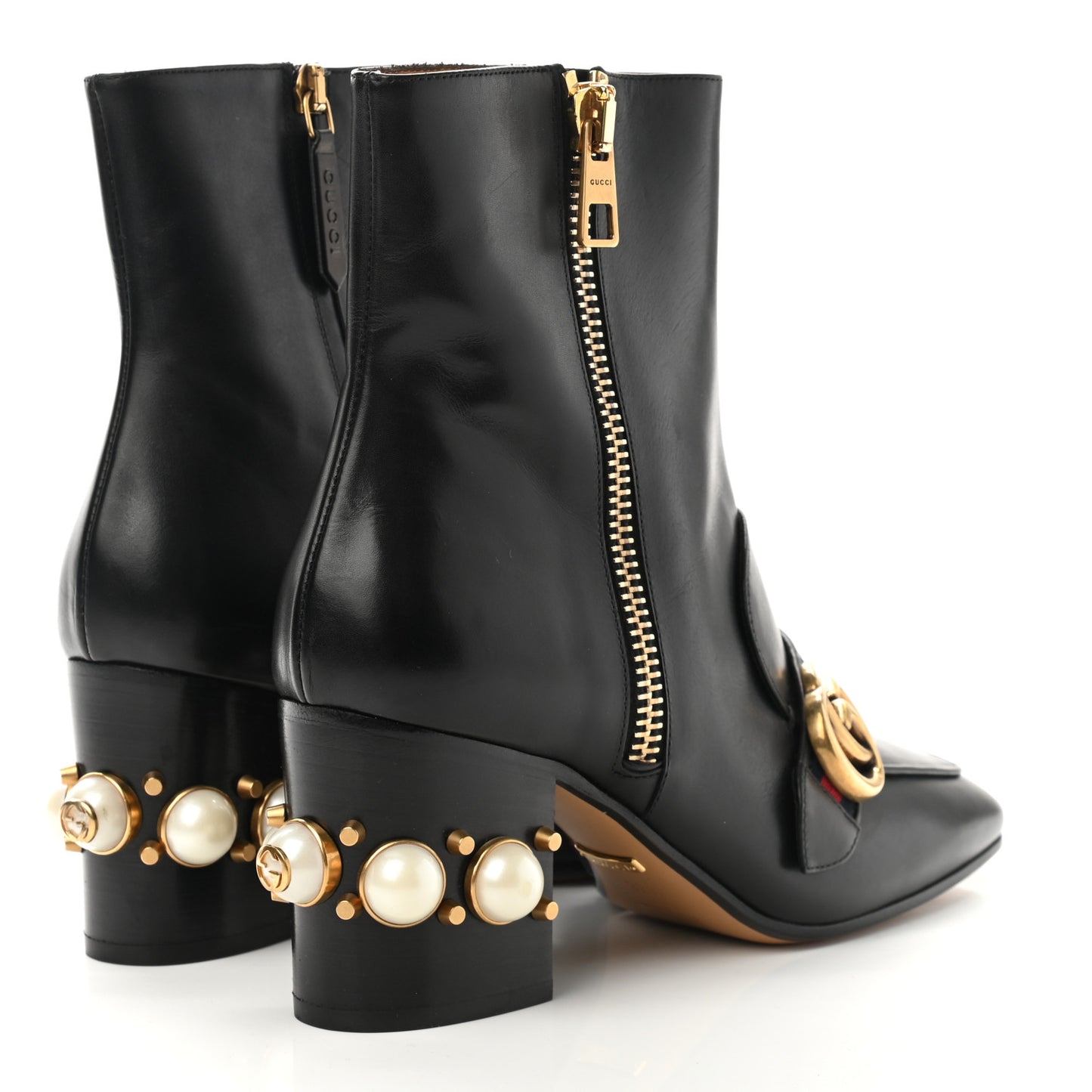 Betis Glamour Calfskin Web Pearl Embellished Peyton 75mm Ankle Boots 37.5 Black