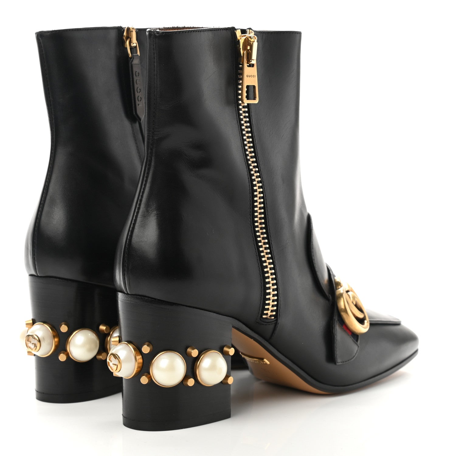 Gucci Betis Glamour Calfskin Web Pearl Embellished Peyton 75mm Ankle Boots 37.5 Black 4 of 8
