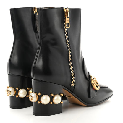 Gucci Betis Glamour Calfskin Web Pearl Embellished Peyton 75mm Ankle Boots 37.5 Black 4 of 8