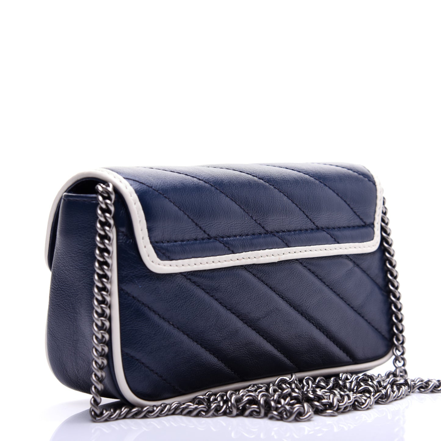 Vintage Effect Calfskin Matelasse Diagonal Super Mini Torchon GG Marmont Shoulder Bag Blue Agata Mystic White