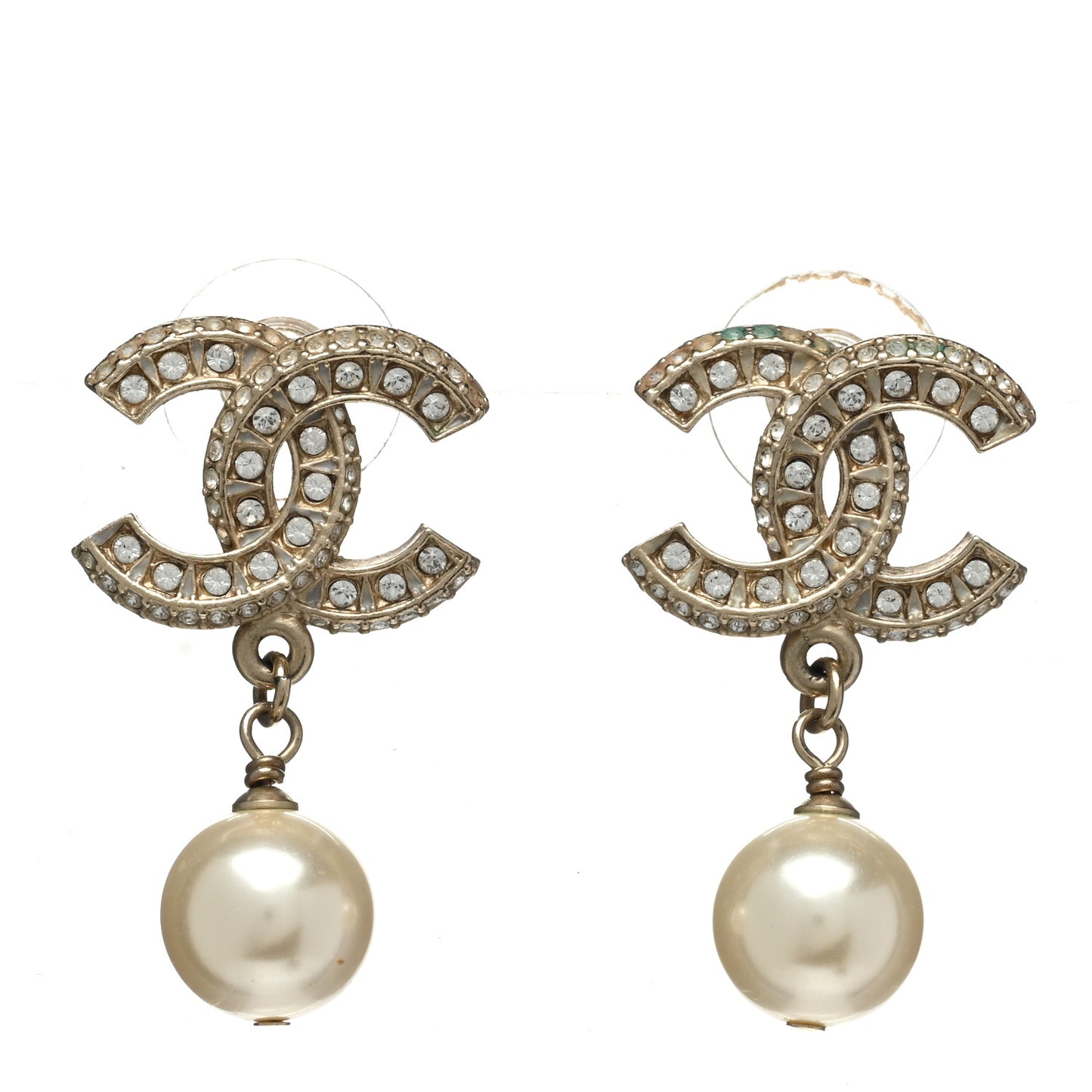Crystal Pearl CC Drop Earrings Gold