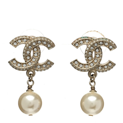 Chanel Crystal Pearl CC Drop Earrings Gold 1 of 5