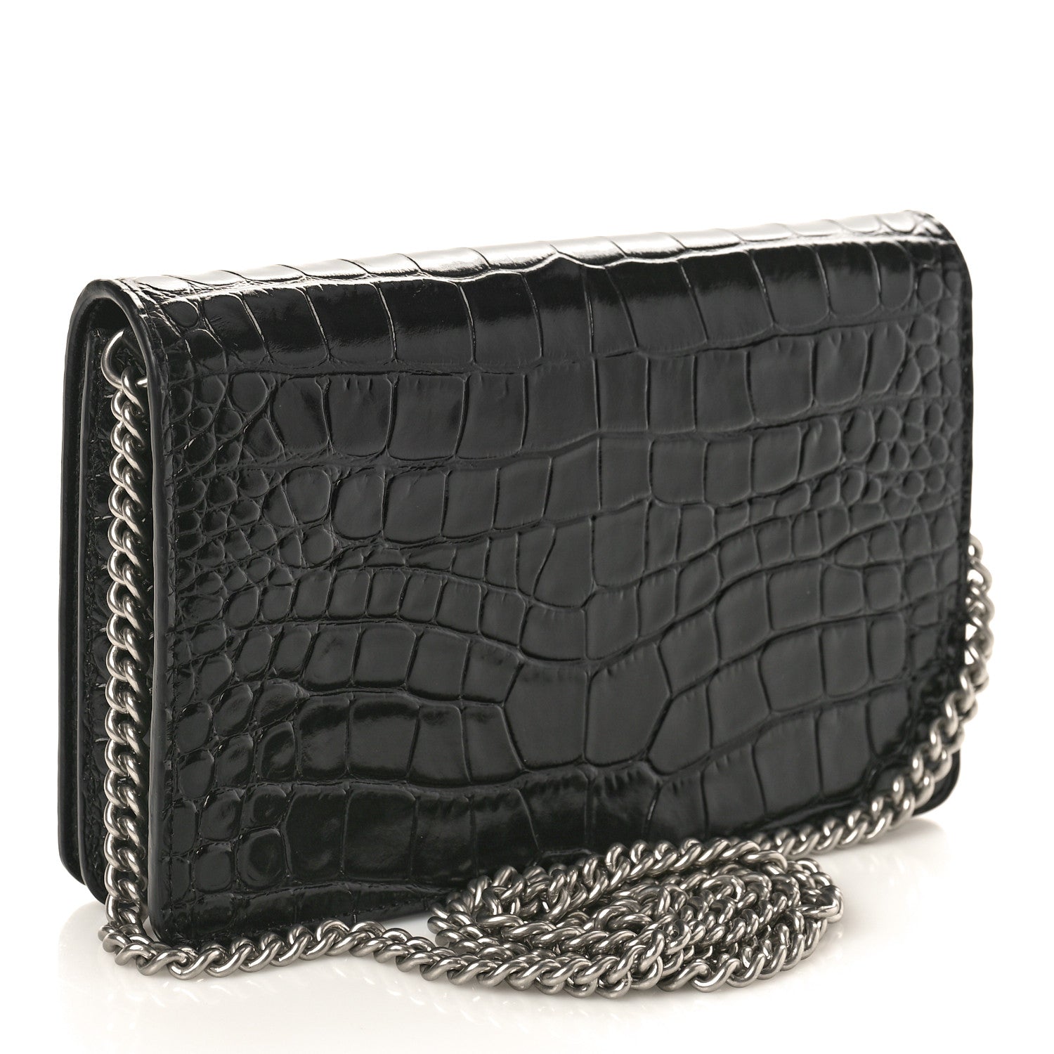 Balenciaga Shiny Calfskin Logo Crocodile Embossed Ville Wallet on Chain Black 2 of 13