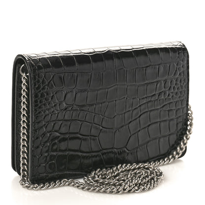 Balenciaga Shiny Calfskin Logo Crocodile Embossed Ville Wallet on Chain Black 2 of 13