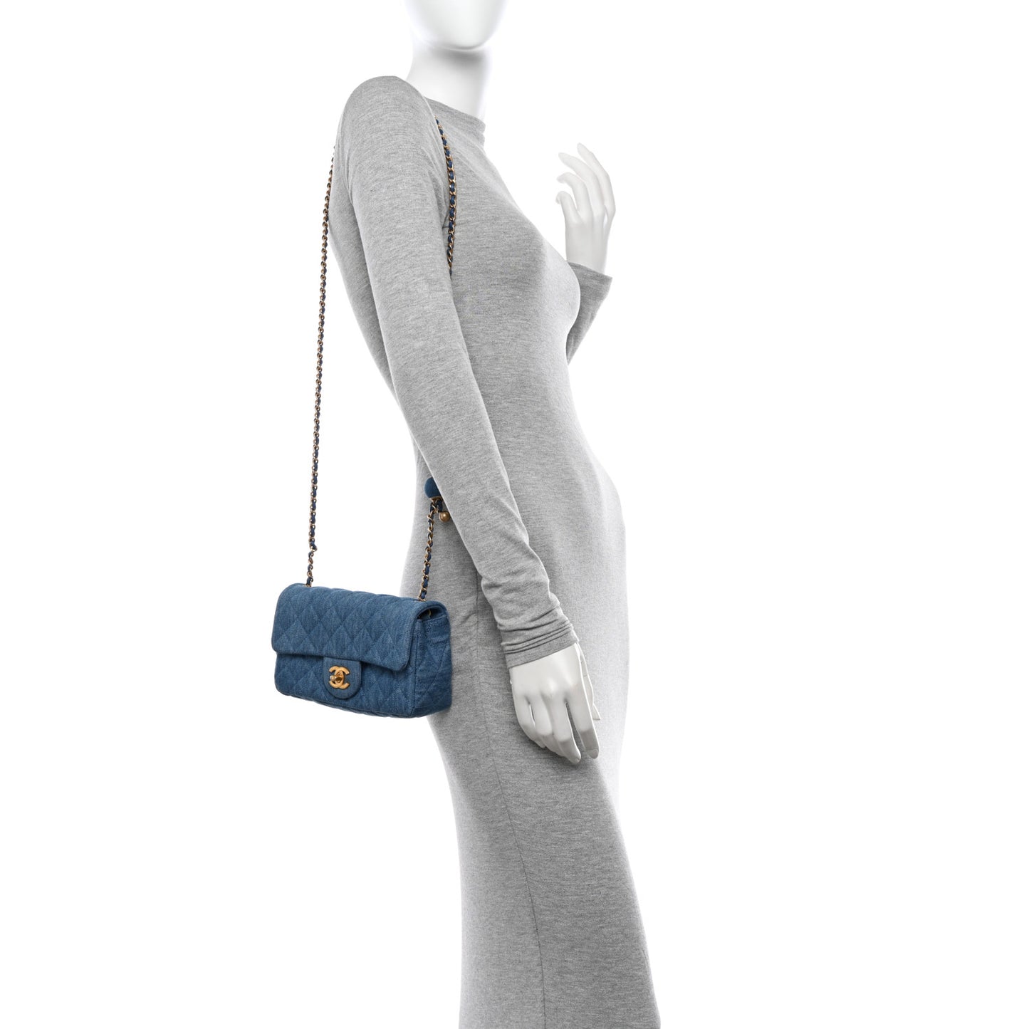 Denim Quilted Mini Pearl Crush Rectangular Flap Blue