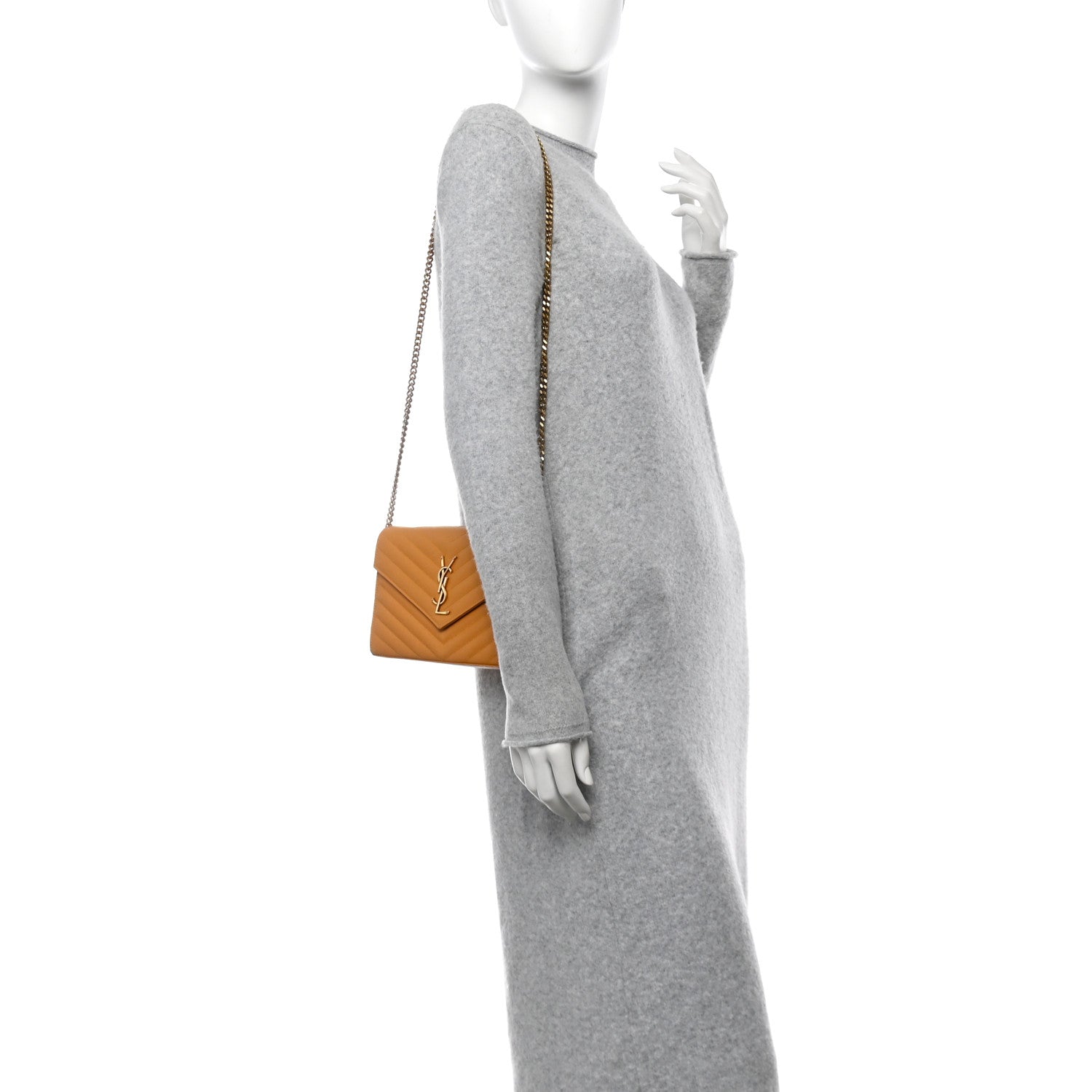 Saint Laurent Grain De Poudre Matelasse Chevron Cassandre Chain Wallet Senape Yellow 2 of 20