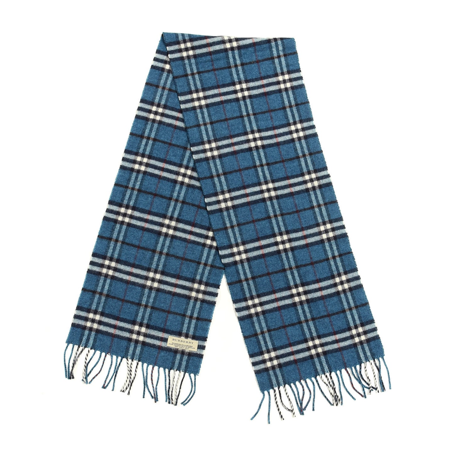 Merino Wool Cashmere Vintage Check Fringe Scarf Blue