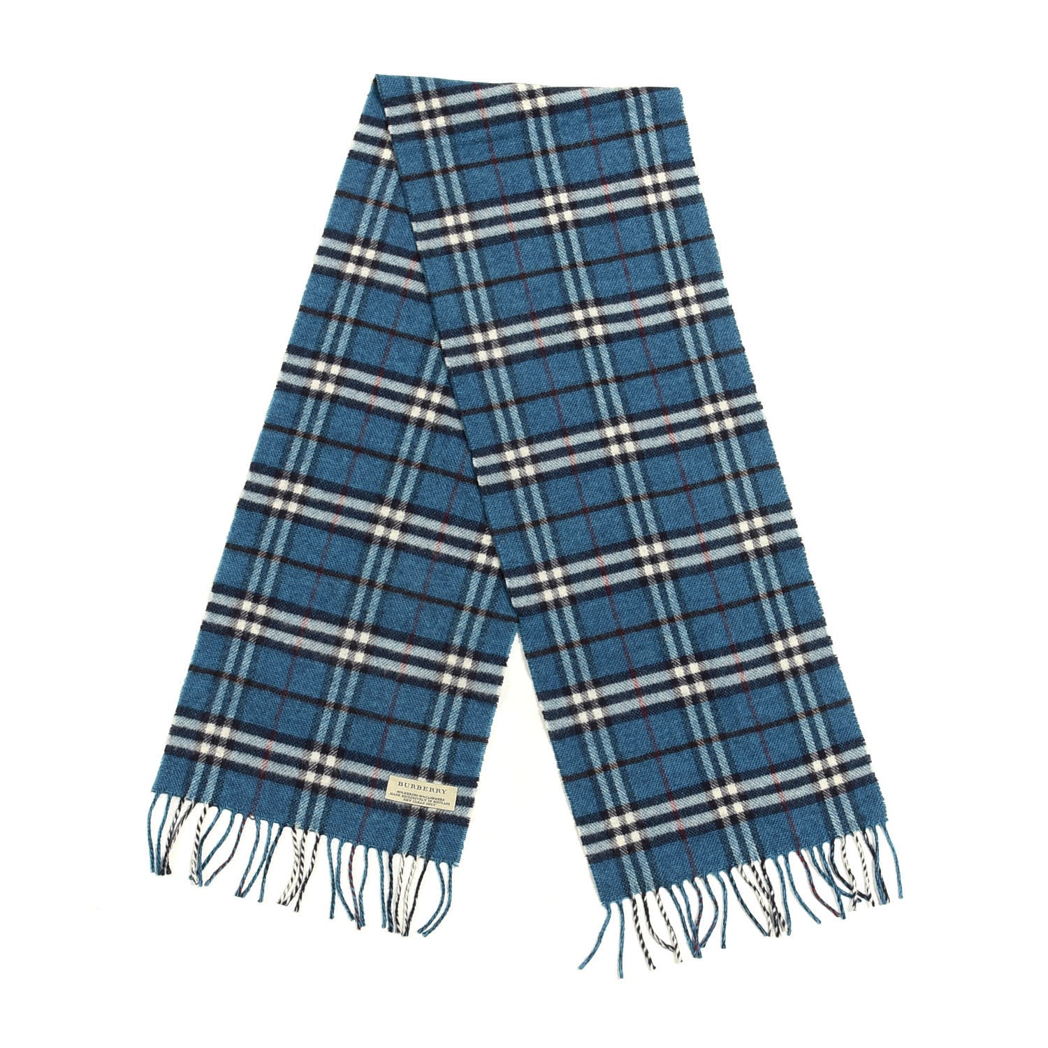 Burberry Merino Wool Cashmere Vintage Check Fringe Scarf Blue 2 of 3