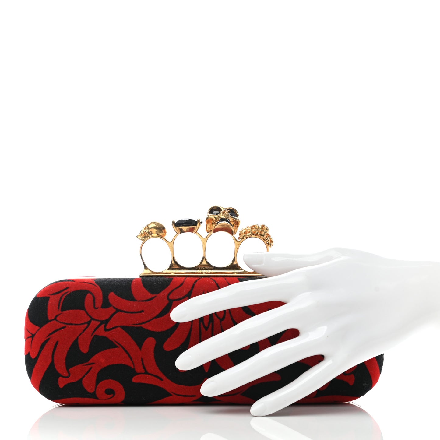 Velvet Arabesque Skull Knuckle Box Clutch Red Black