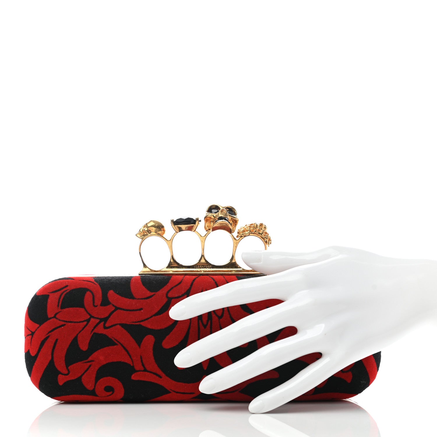 Alexander McQueen Velvet Arabesque Skull Knuckle Box Clutch Red Black 2 of 8