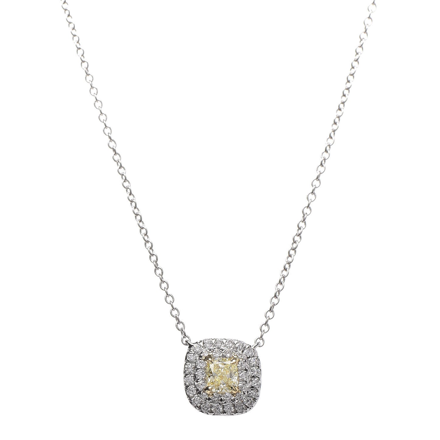 Platinum 18K Yellow Gold Diamond Fancy Yellow Diamond .19ct Soleste Cushion-Cut Halo Pendant Necklace