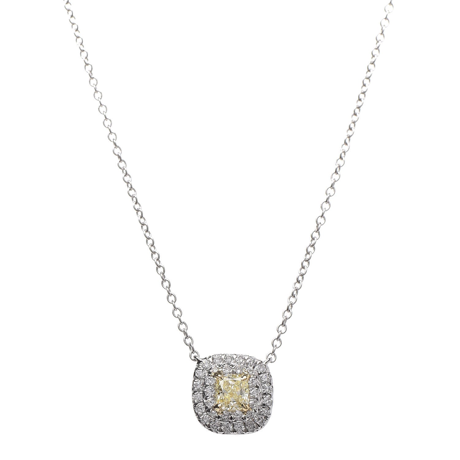 Tiffany Platinum 18K Yellow Gold Diamond Fancy Yellow Diamond .19ct Soleste Cushion-Cut Halo Pendant Necklace 1 of 7