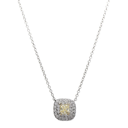 Tiffany Platinum 18K Yellow Gold Diamond Fancy Yellow Diamond .19ct Soleste Cushion-Cut Halo Pendant Necklace 1 of 7